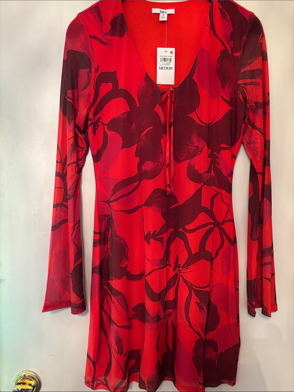 a.n.a Red Floral-Print Long Sleeve V-Neck Dress